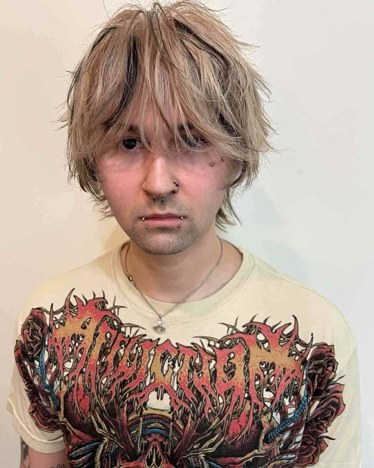 Messy blonde shag gender neutral hairstyle with extended bangs