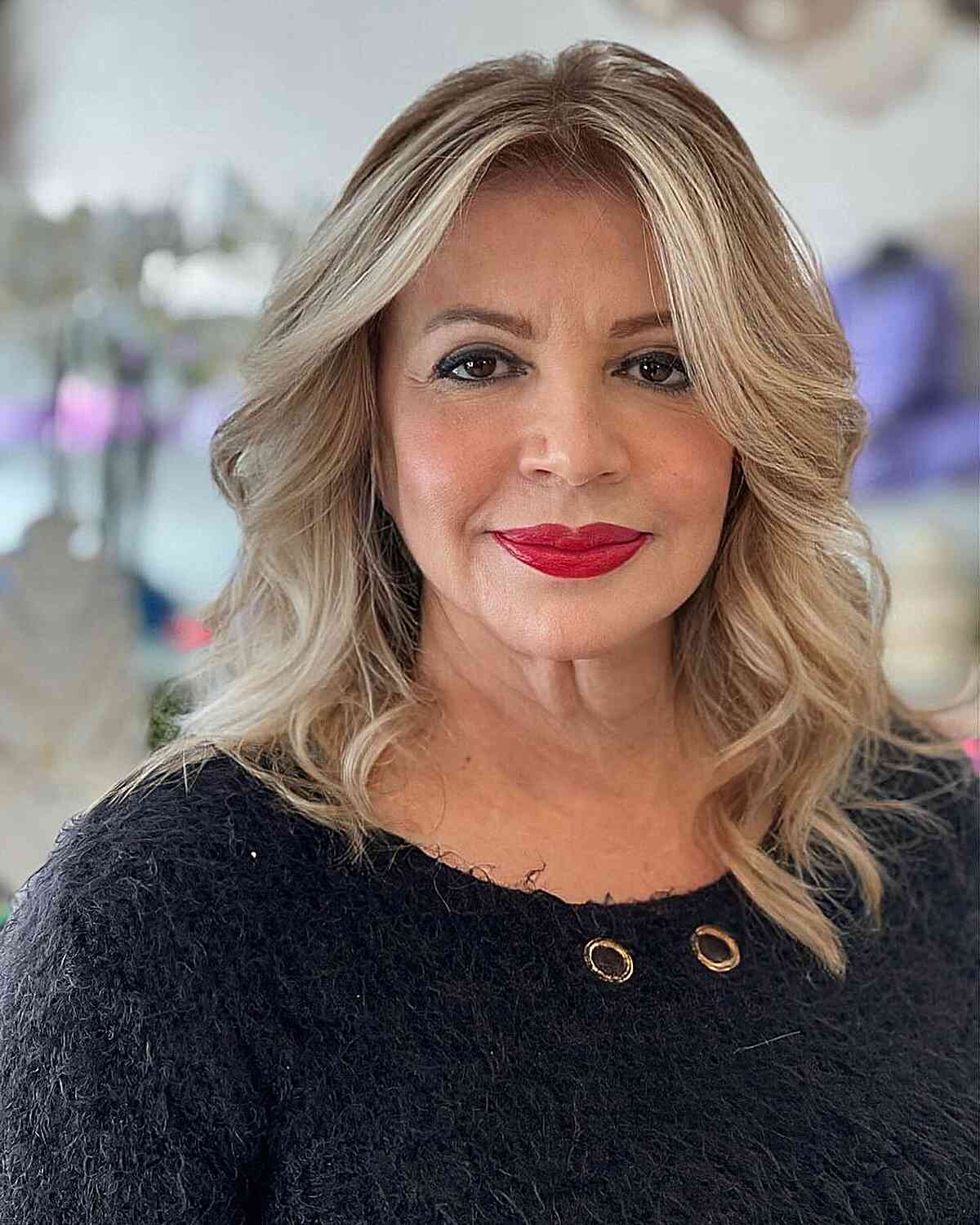 Mid-Length Blonde Hair with a Center Part for 50-Year-Olds
