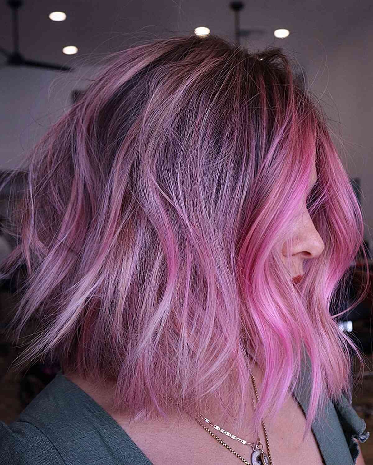 Mid-Length Wavy Hair Styled with Barbie Pink Balayage