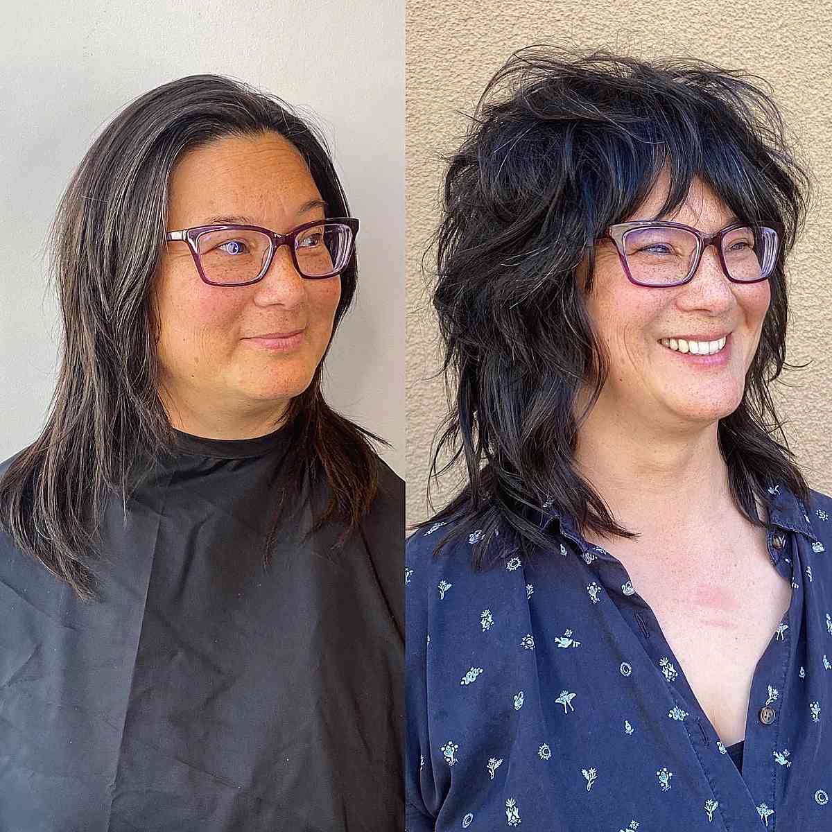 mid-length shag haircut suitable for older women wearing glasses
