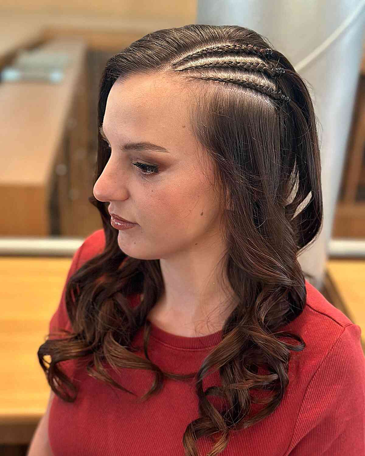 Various Mini Side Plaits on Mid-Length Curled Locks