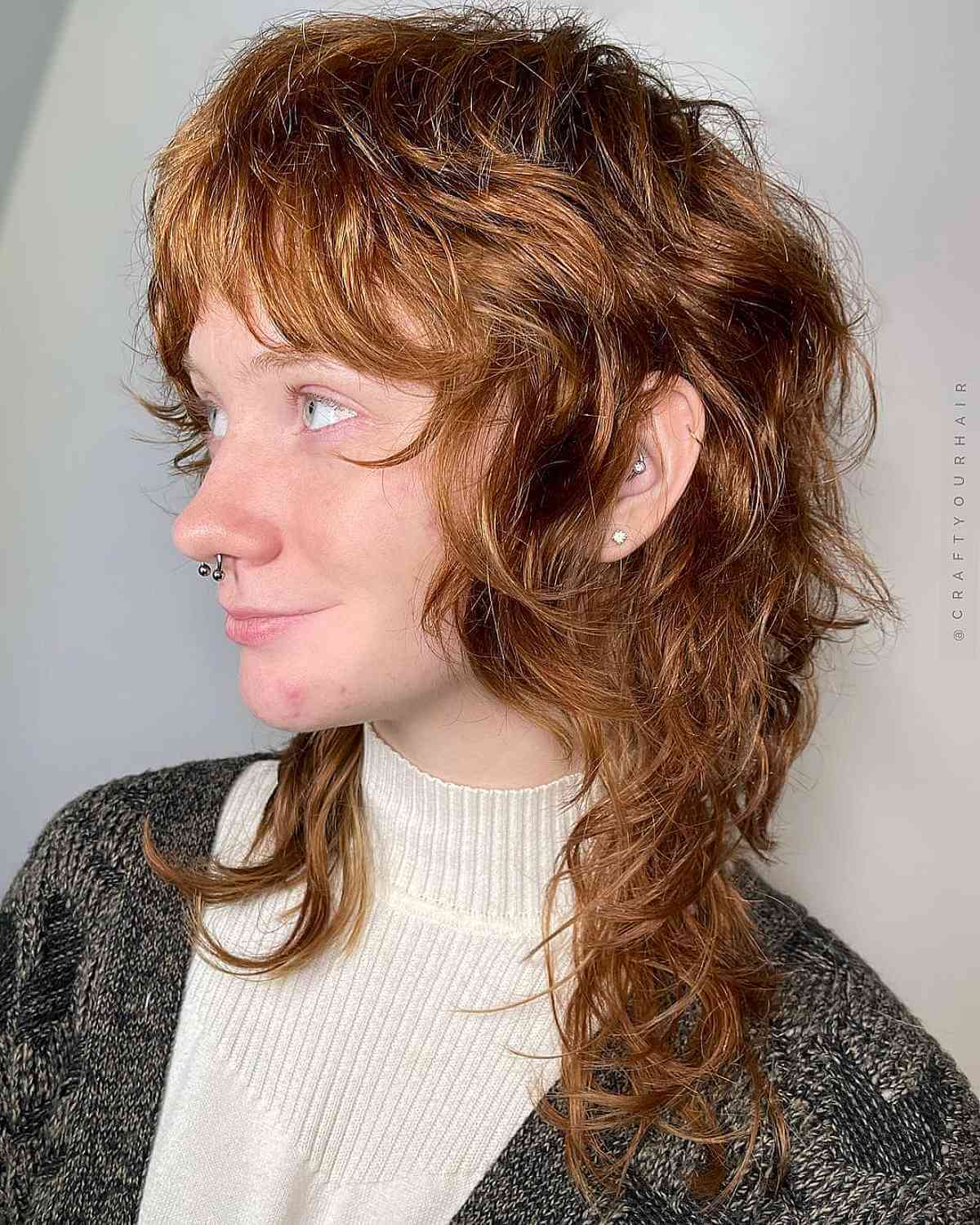 Mullet Shag with Curtain Bangs for Wavy Tresses