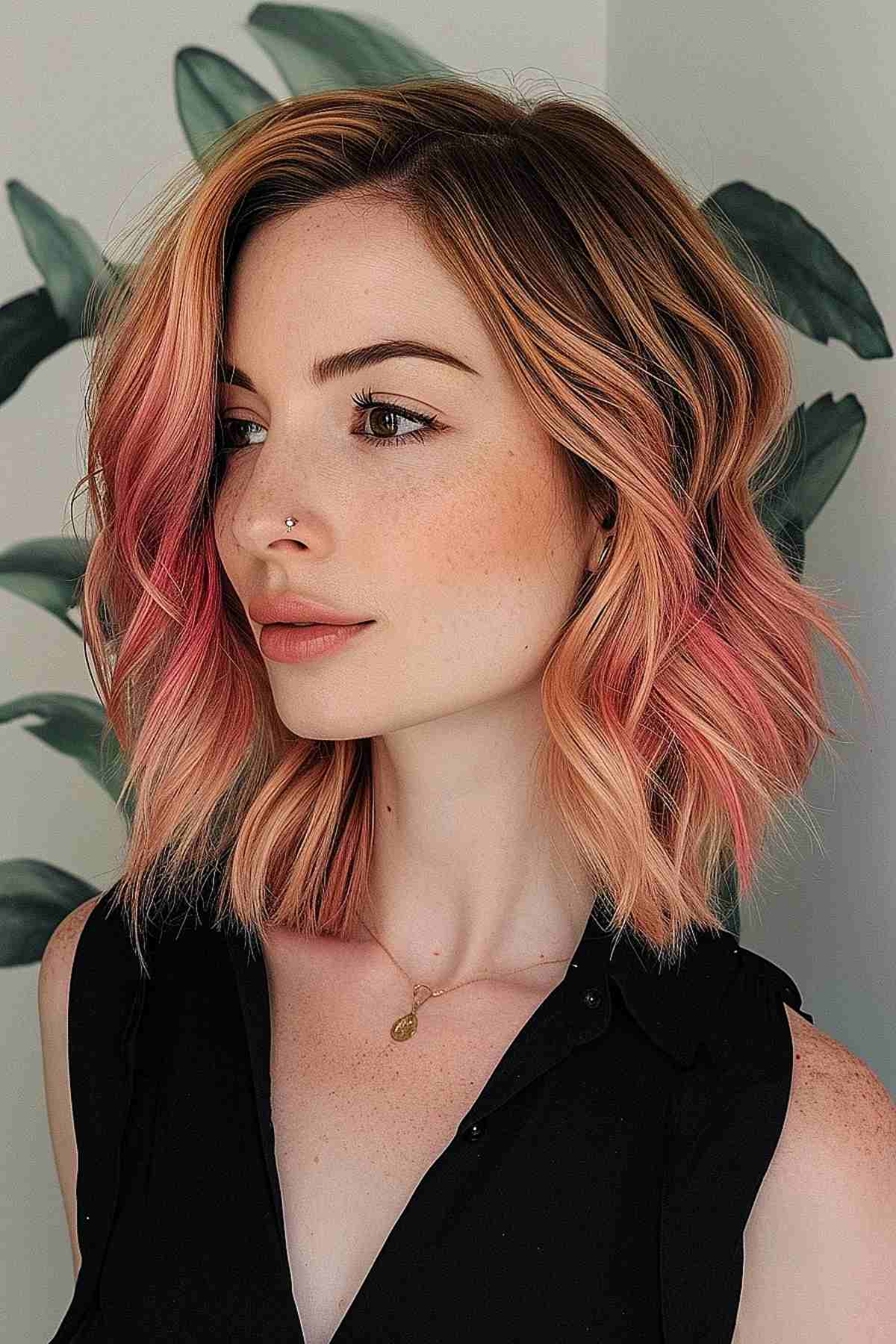 Peach Ombre Featuring a Dramatic Side Part for Women with Square Faces