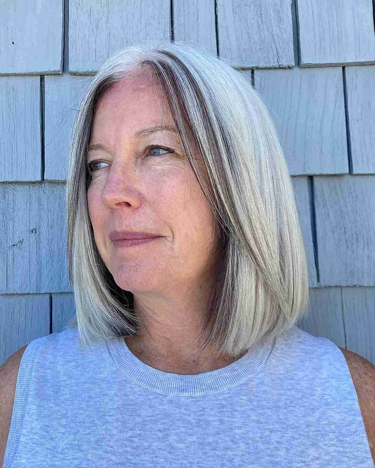 Platinum Blonde Straight Lob with a Dark Money Piece