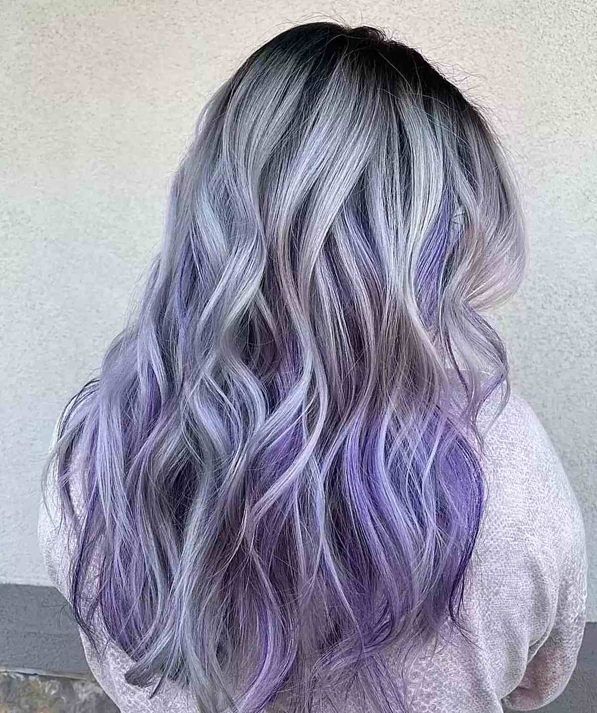Purple and Silver Balayage Highlights with Dark Roots for Long Waves