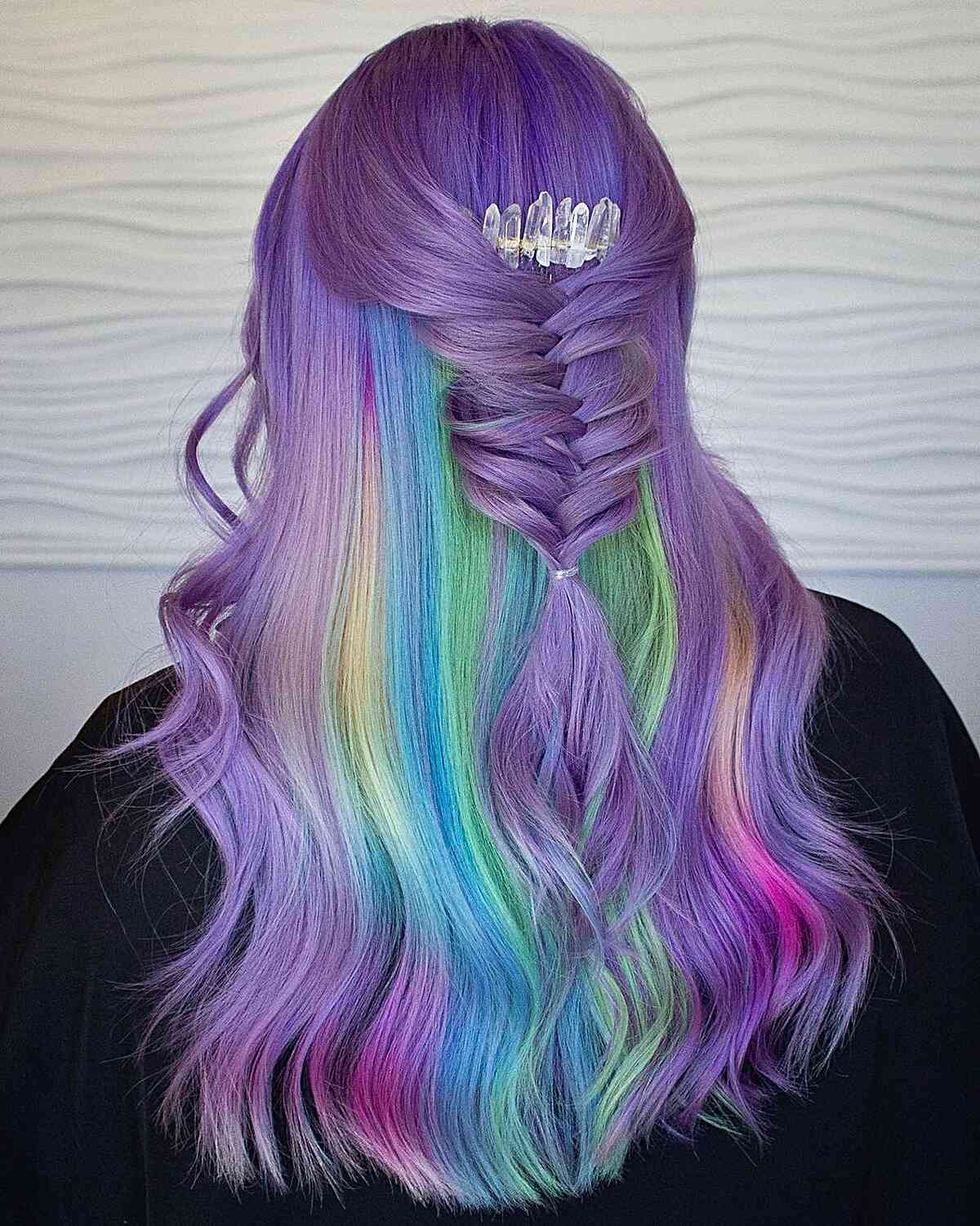 Long Light Lavender Hair with Rainbow Pastel Accents