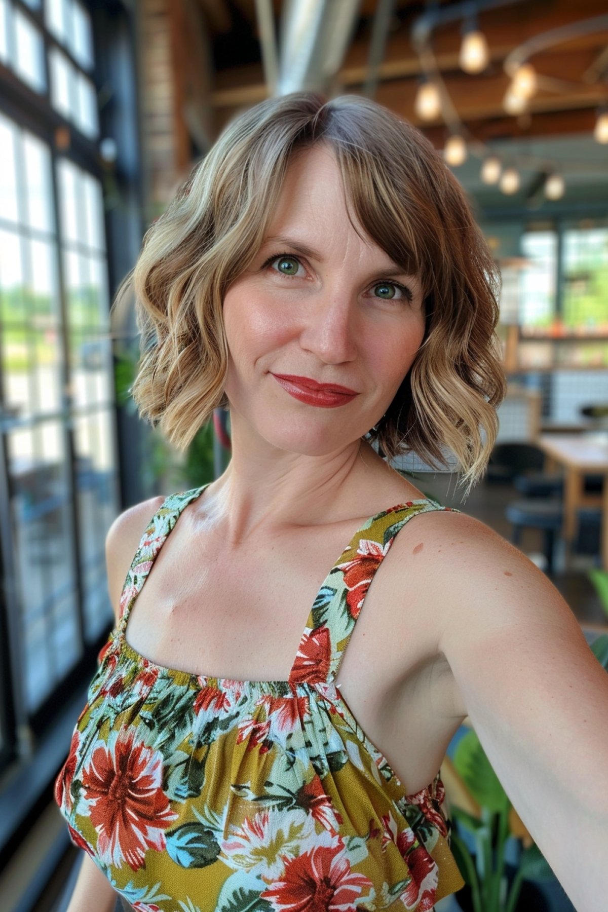 Woman in a floral dress with radiant blonde wavy bob at a modern salon