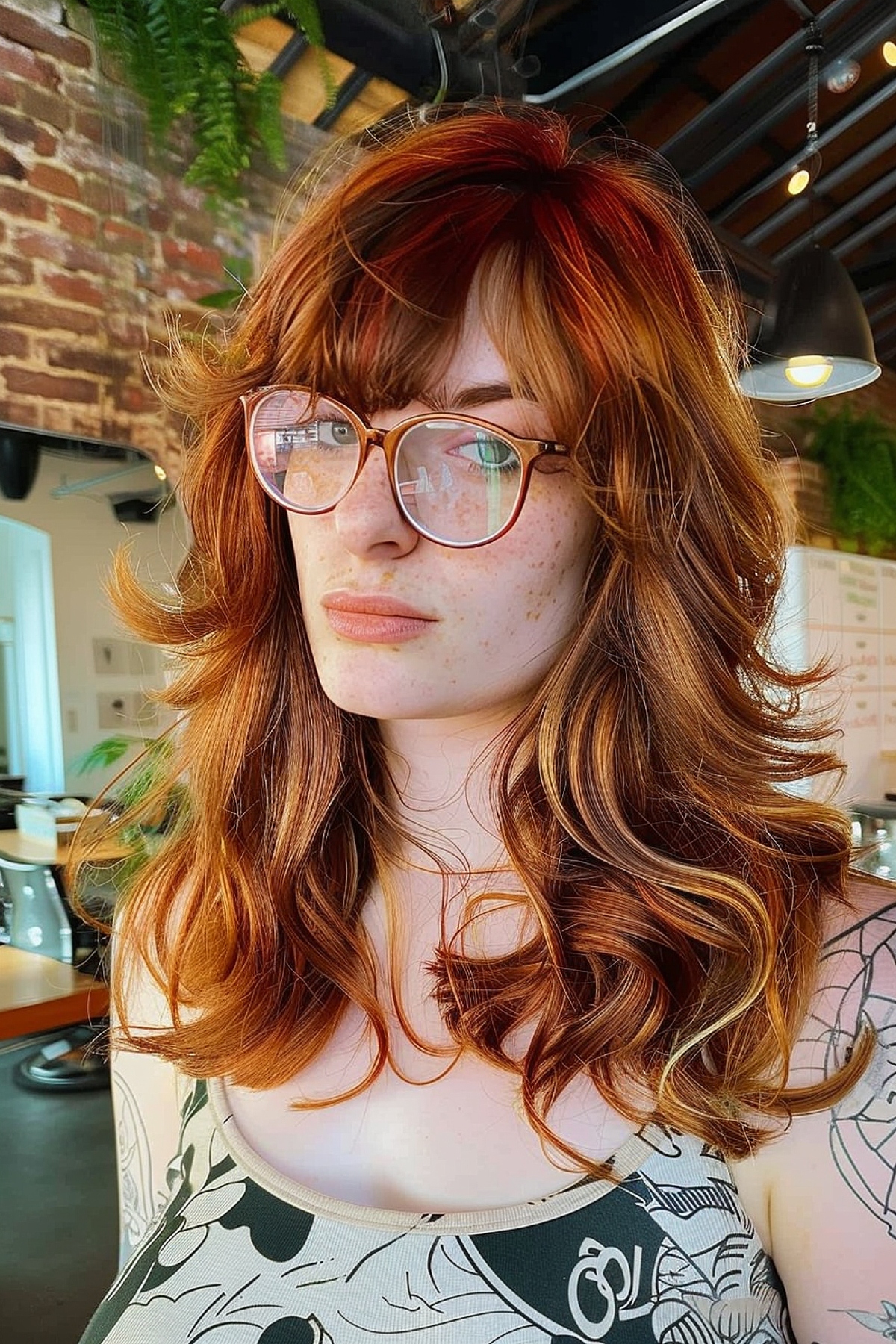 Woman showcasing radiant copper waves with striking red accents in a layered cut