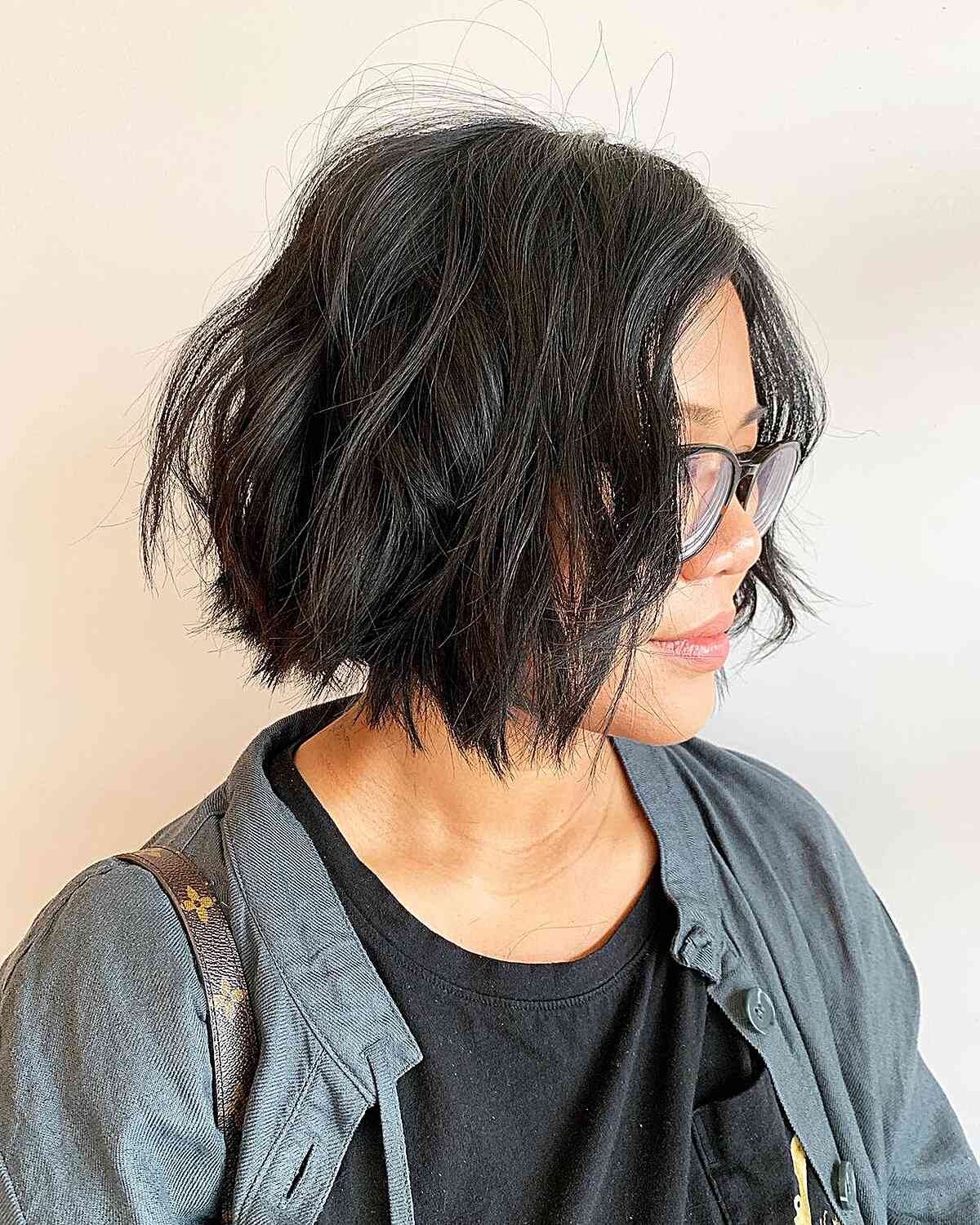 Wavy Razor Cut Bob at Chin Length on Thick, Dark Hair