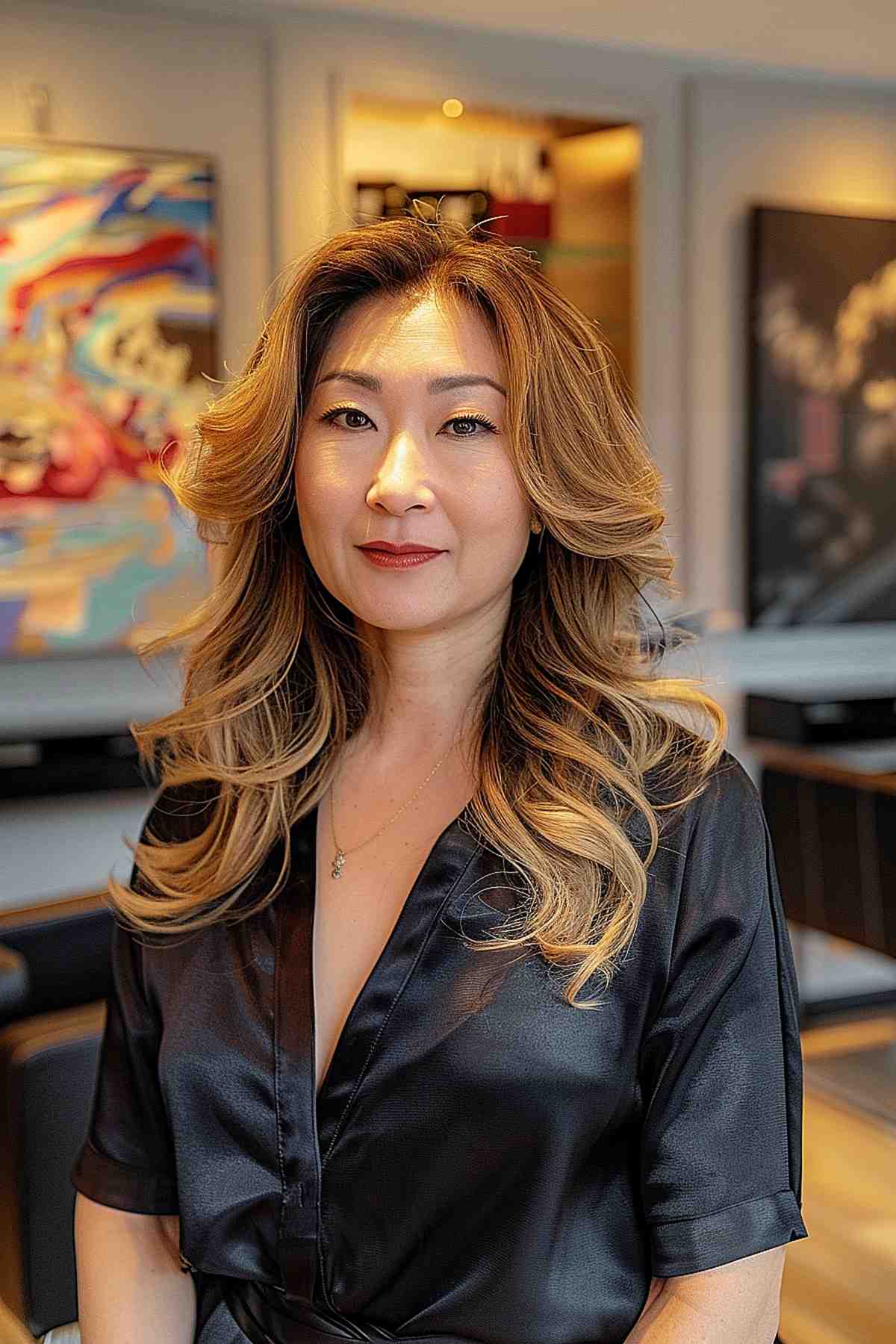 Chic Woman with Long Layered Waves and Highlights