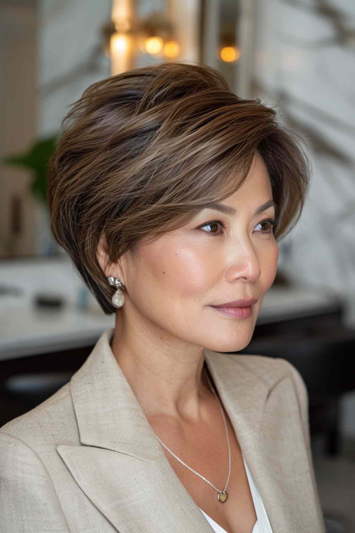 A layered pixie bob with side-swept bangs, radiating elegance