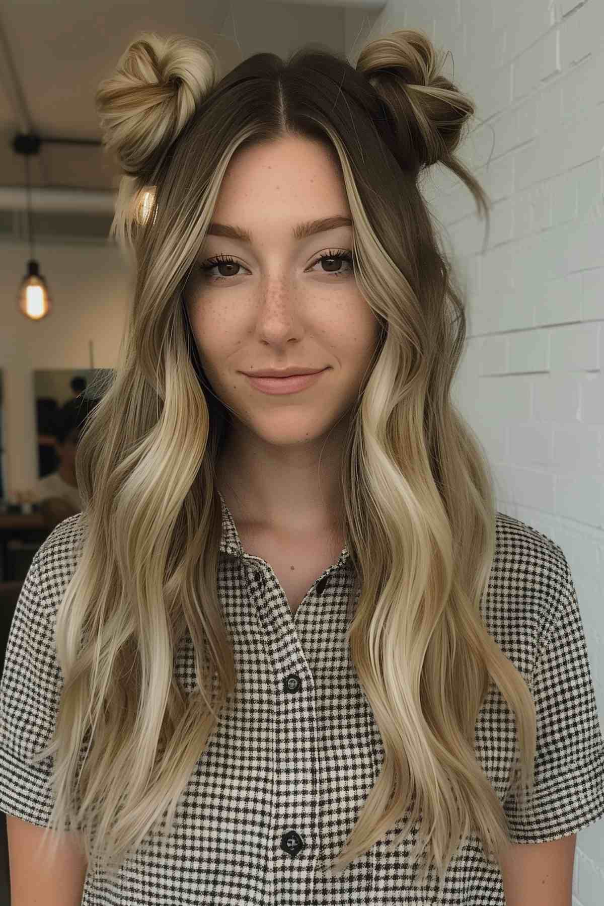 Woman showcasing a retro 90s space buns and soft waves hairstyle