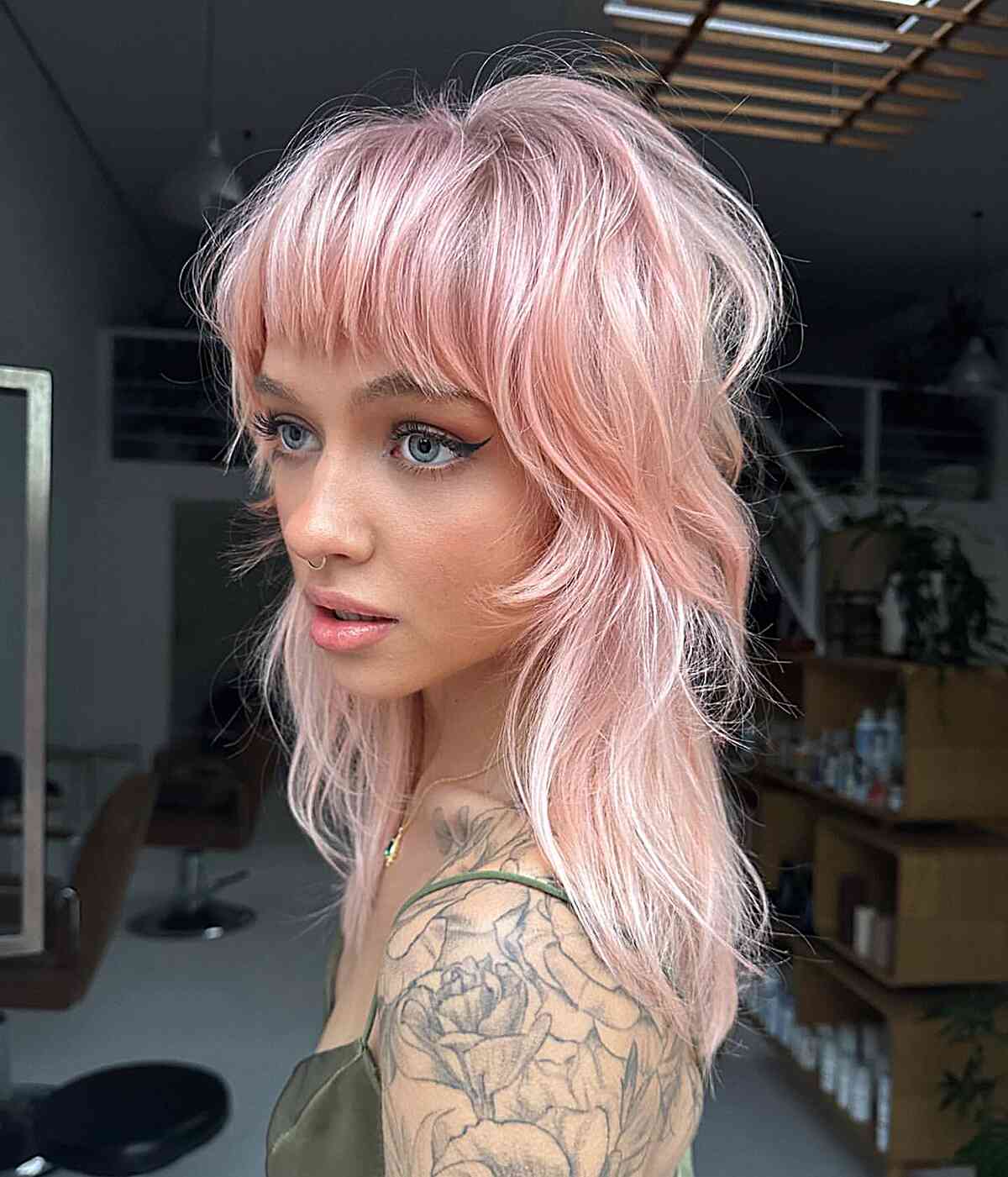 Medium-Length Retro Pink Shag with Bangs