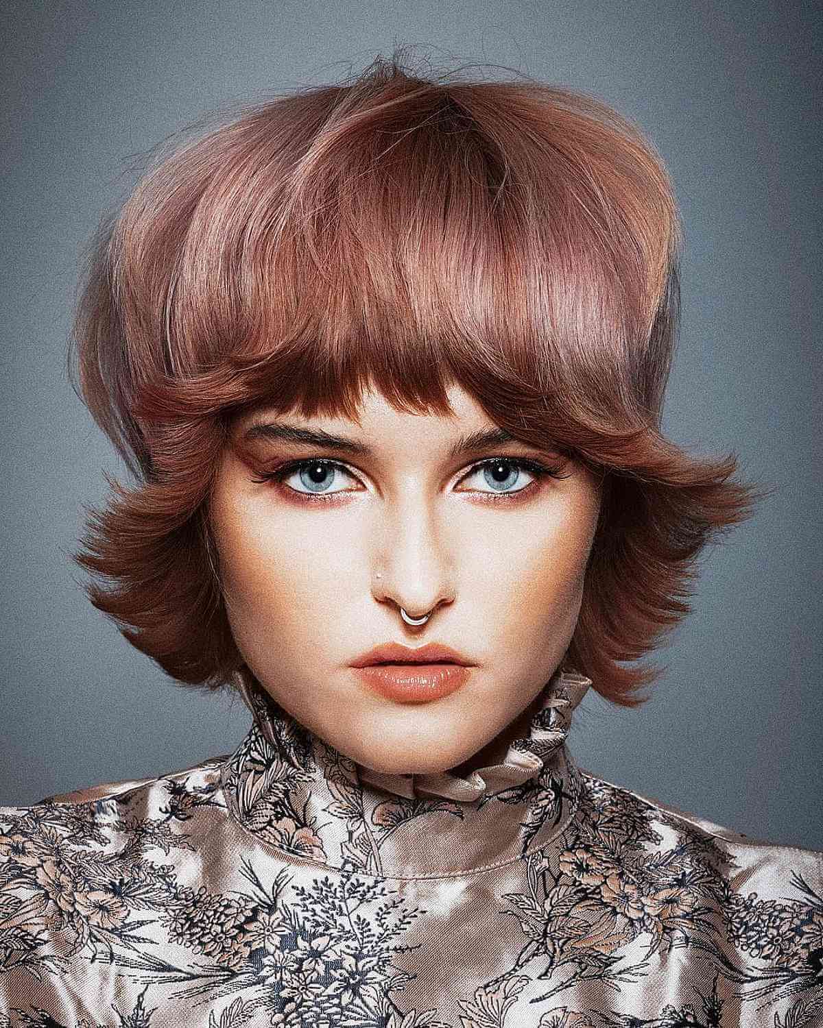 Jaw-Length Rich Auburn Flicked-Out Choppy Bob with Bangs