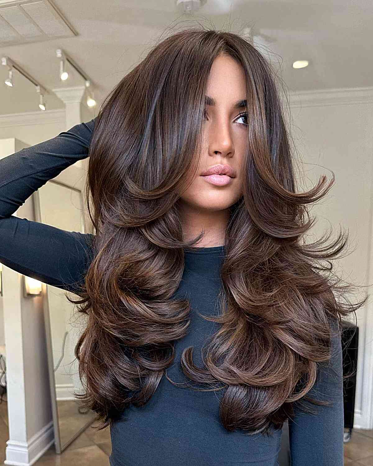 Rich Brunette Balayage with Defined Layers for Long Thick Hair