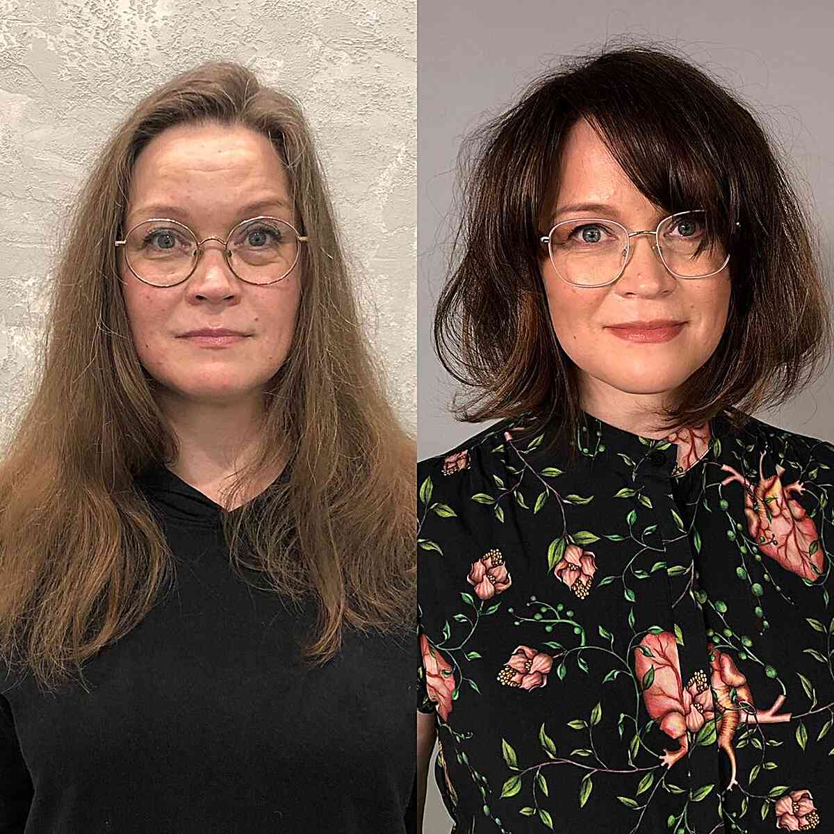 Rich Brunette Lush Bob Style for Women Aged 40 with glasses