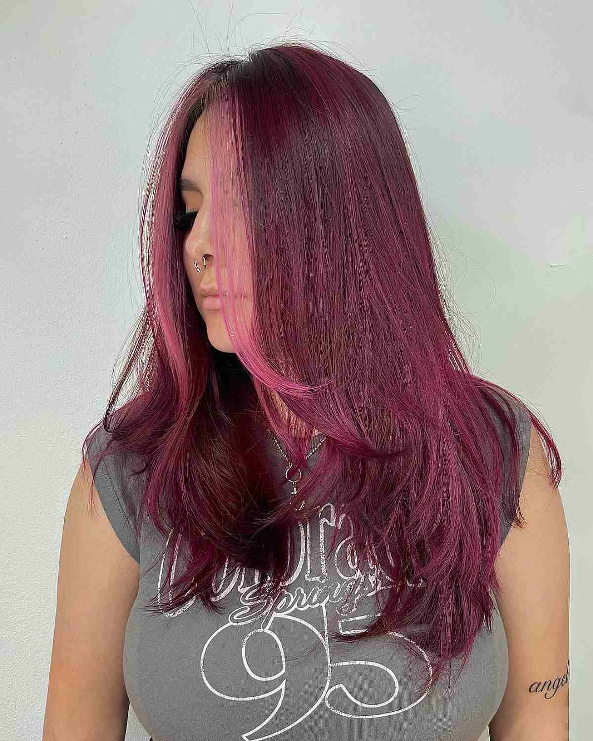 Rich Burgundy Balayage with Face-Framing Highlights for Long Hair with Mid-Length Layers