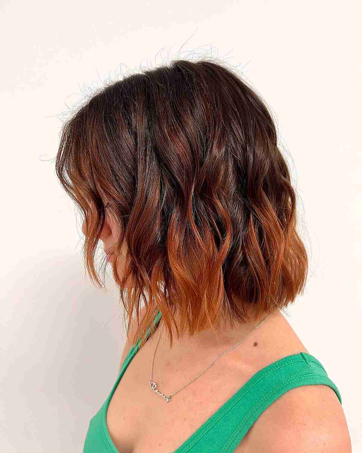 Rich Chocolate Bob with Lively Copper Balayage Tips