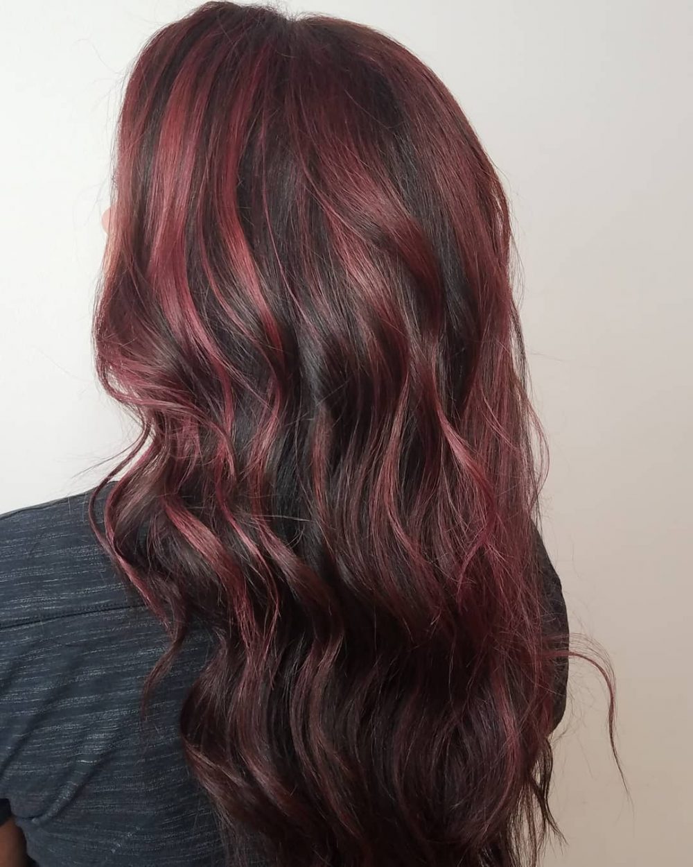 Rich Dark Brown Hair Accentuated with Mahogany Plum Highlights