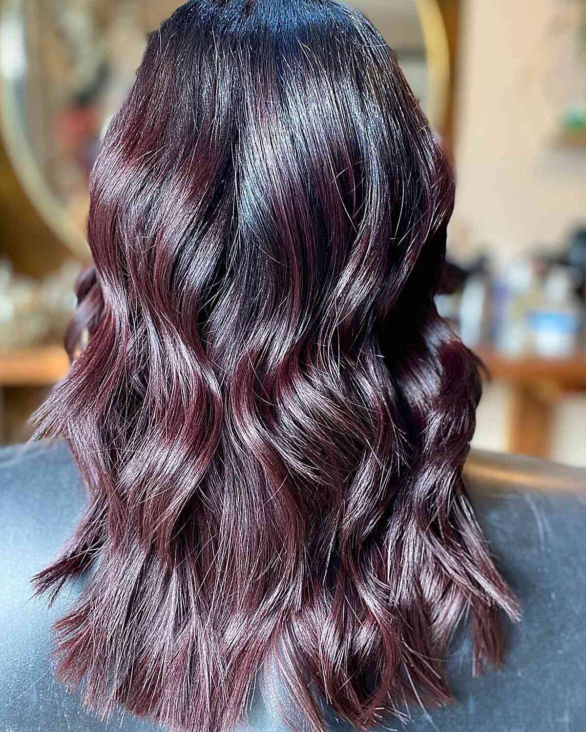 Rich Grape Burgundy with Root Melt for Mid-Length Hair