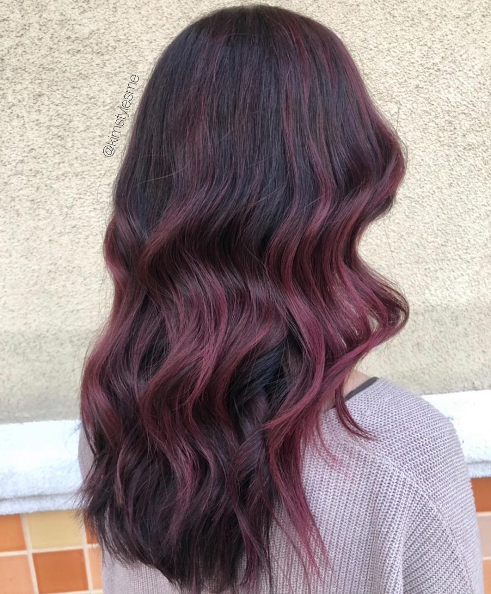 Rich Merlot Wine Burgundy with Luscious Highlights for Wavy Hair