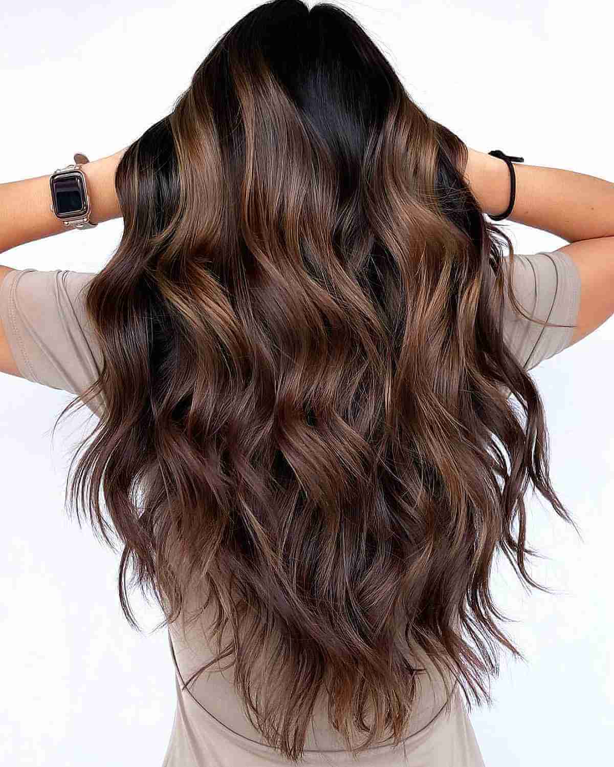 Mocha Caramel Brown Balayage with Flowing Waves