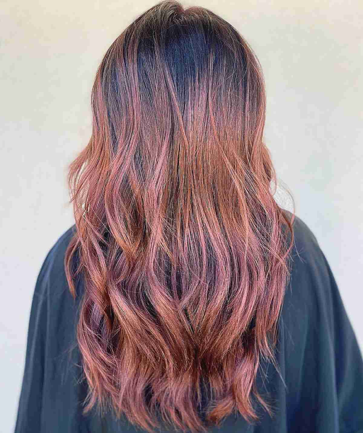 Rich Rose Gold Balayage on Extended Layered Hair
