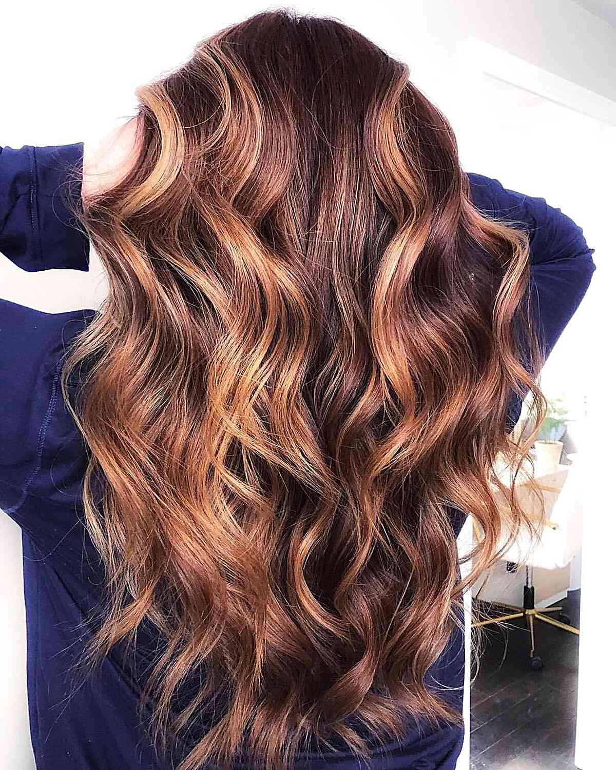 Rich Strawberry Blonde Balayage for Dark Long Layered Hair