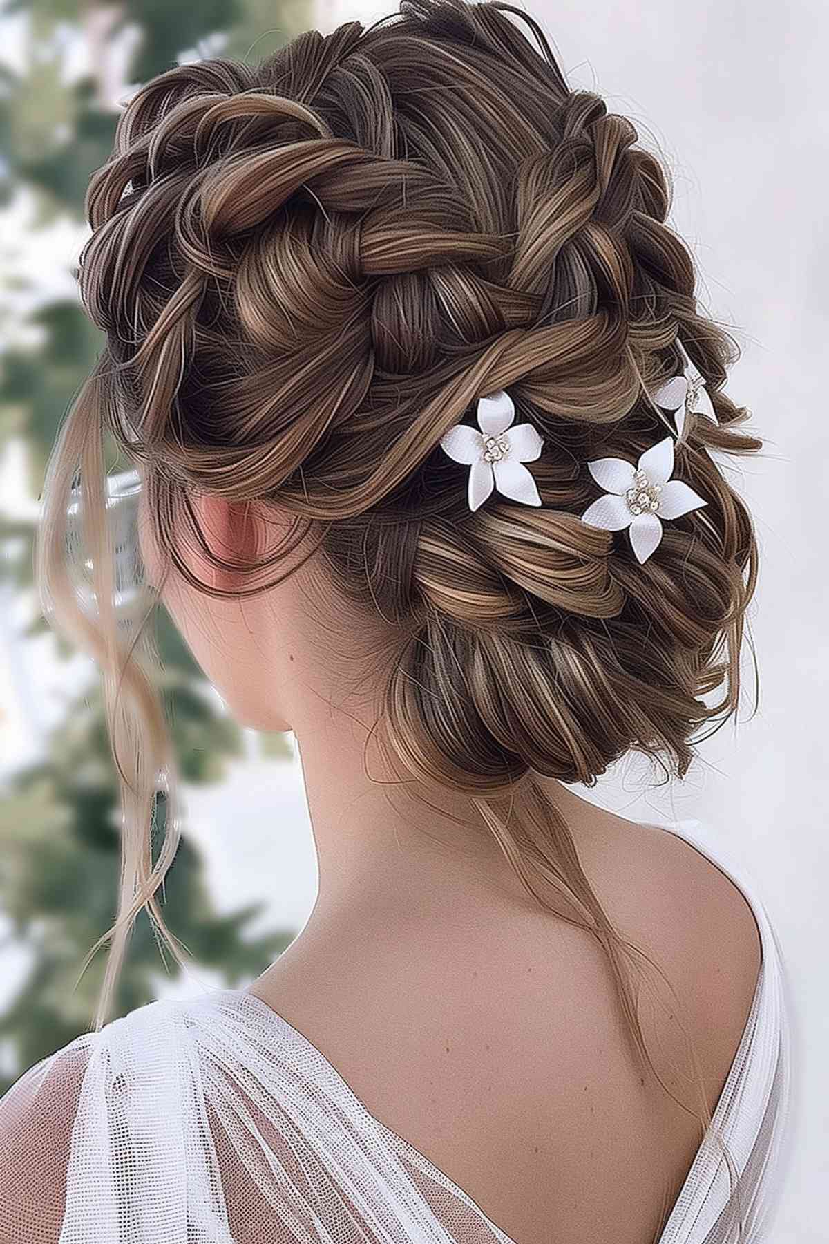 Elegant bridal updo featuring braids and white floral embellishments