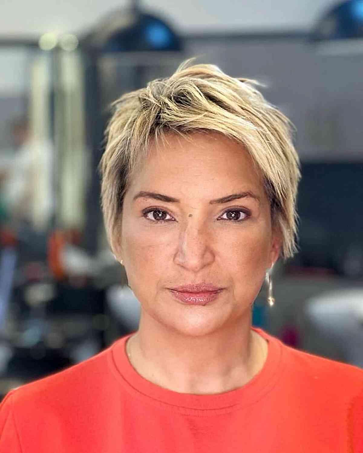 Rooted Blonde Long Pixie Cut for Women Aged 40 and Over