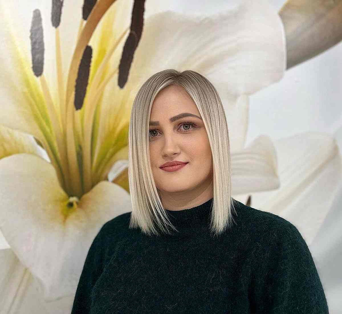 Rooted Light Blonde One-Length Bob Cut for Fine Straight Hair