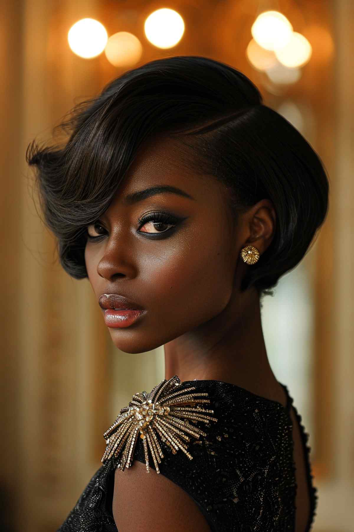 A sculpted pixie bob featuring a bold side part on a woman