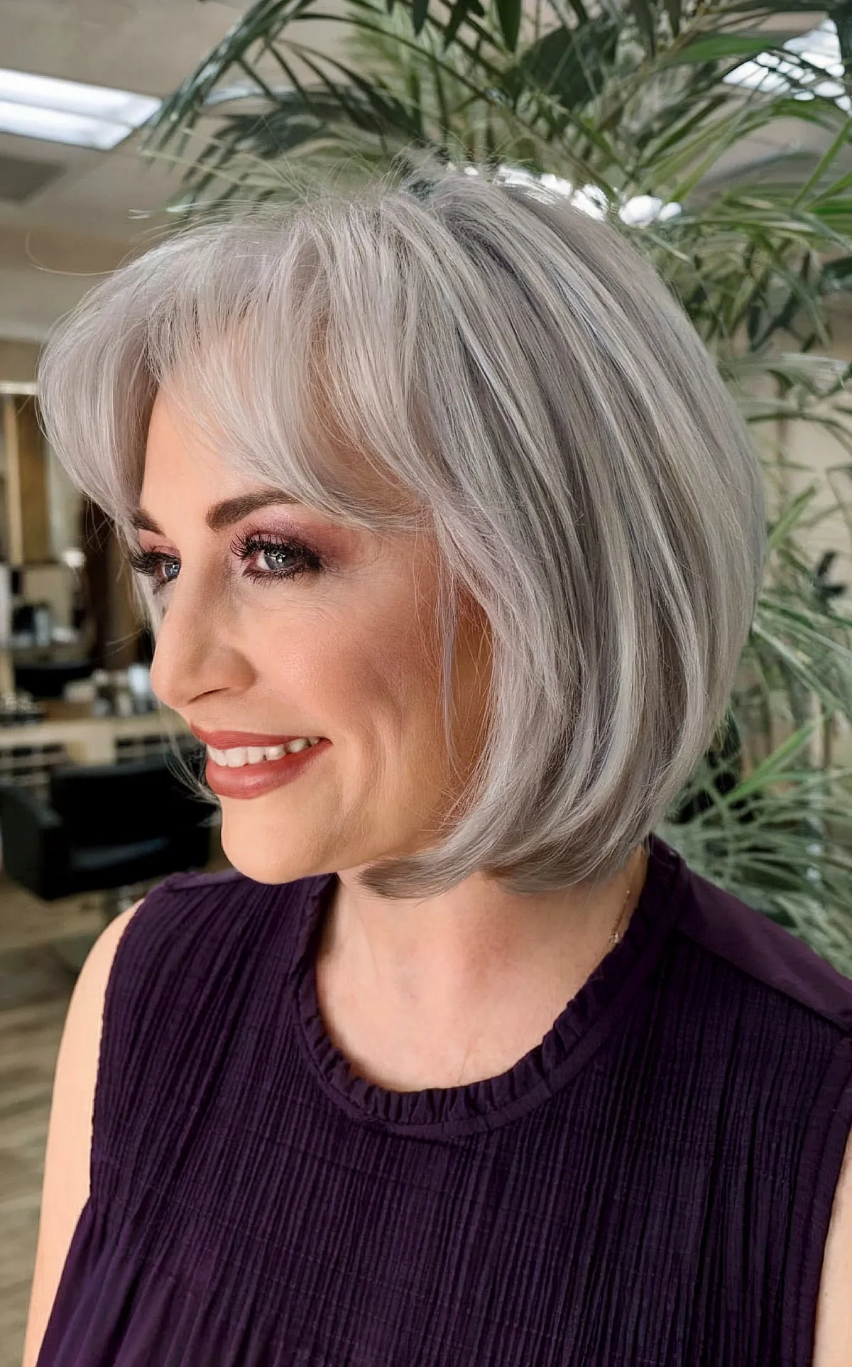 Shimmering Bob with Soft Curtain Bangs for Women Over 40