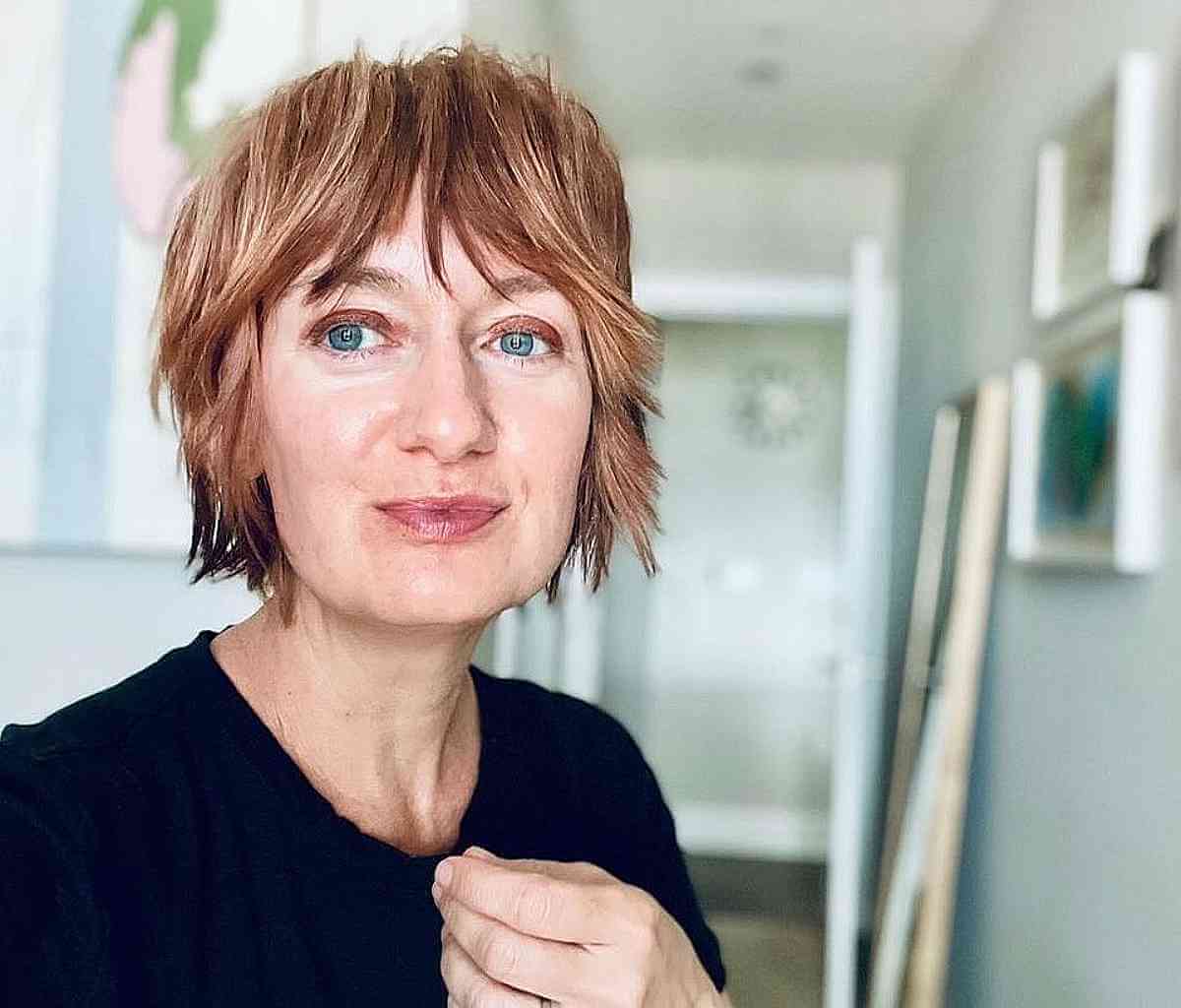 Shiny Short Shag with Layered Bangs for Women 50 and Over