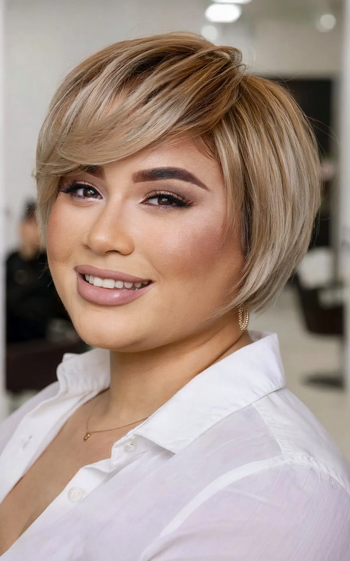 Jaw-Length Short Cropped Bob with Side-Swept Bangs on 40-Year-Old Women with Round Faces