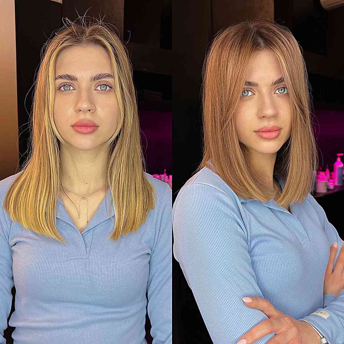 Straight Shoulder-Length Light Brown Bob with a middle part