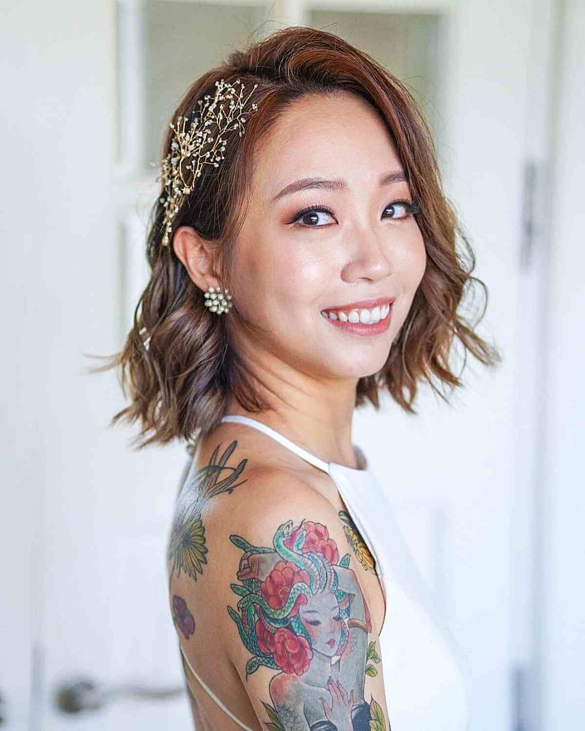 Shoulder-Length Light Brown Hair with a Side Part for a Wedding Event