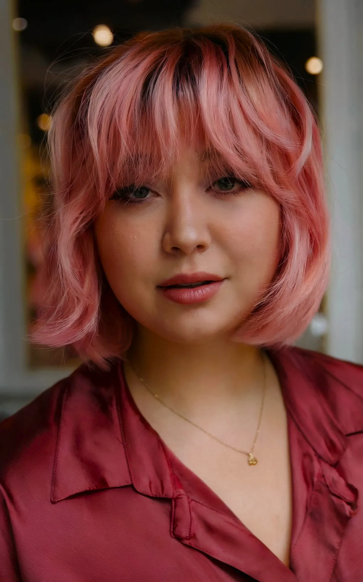 Shoulder-Length Pink Balayage Bob with Layered Bangs on Women with a round jawline