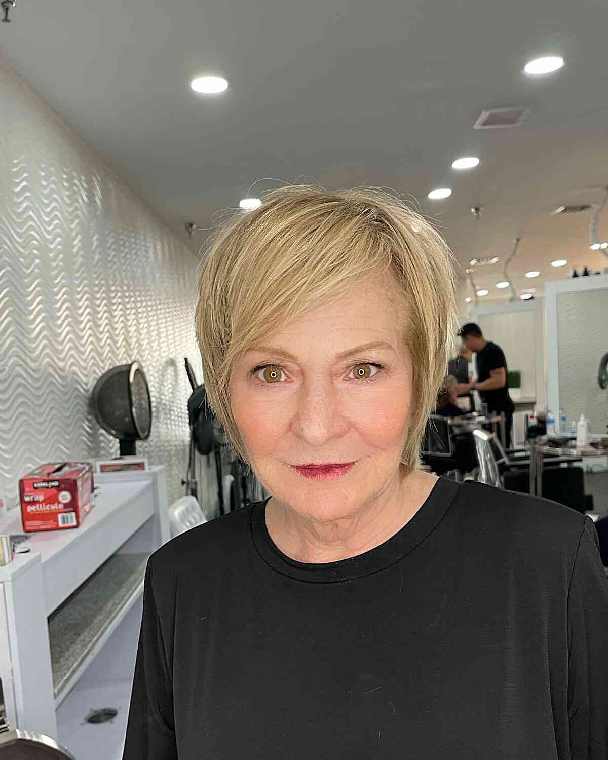 Side-Parted Long Blonde Pixie for 60-Year-olds