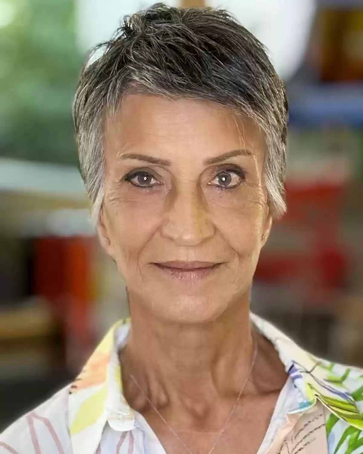 Short Side-Swept Pixie for Women Over 70 with Naturally Grey Fine Hair