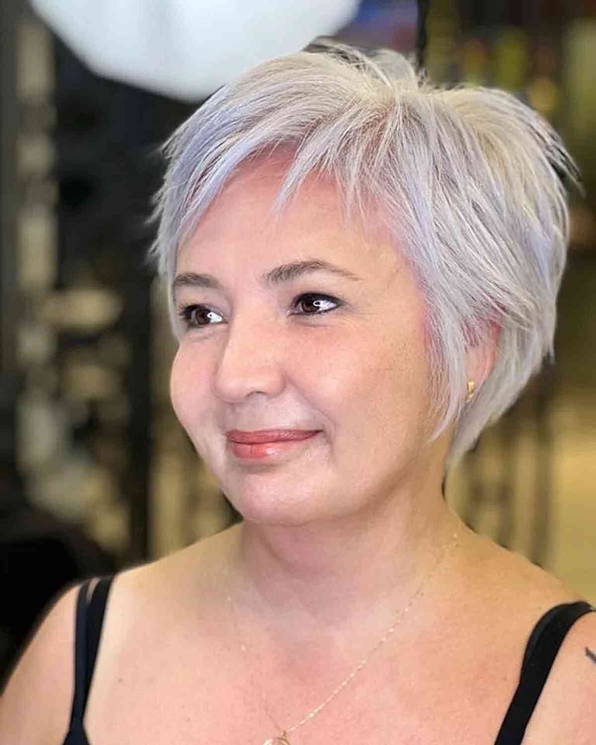 Silver Balayage Pixie Cut for Women Over 50 with Fine Hair