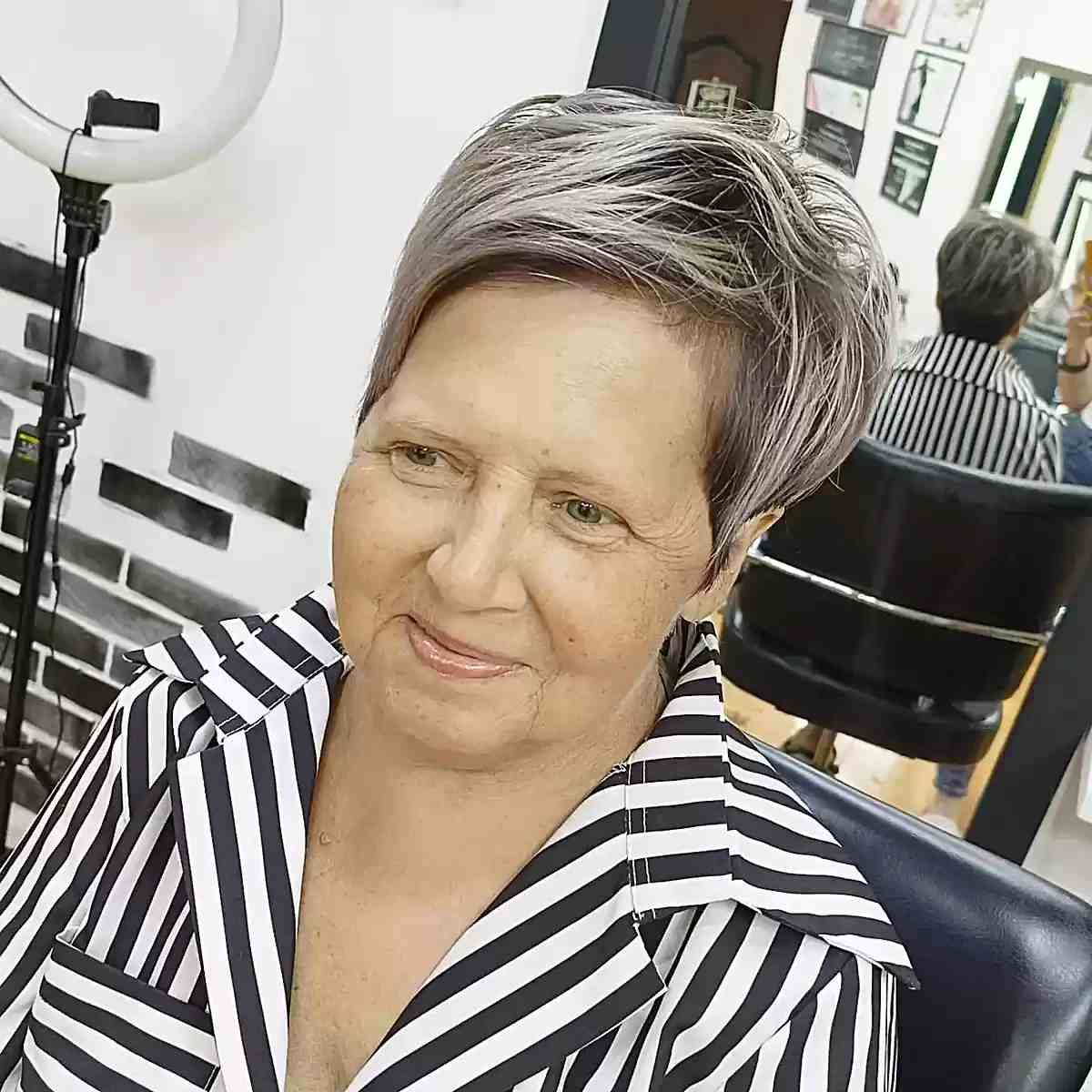 Silver Long Pixie with a Side Sweep on Mature Women and Round Faces