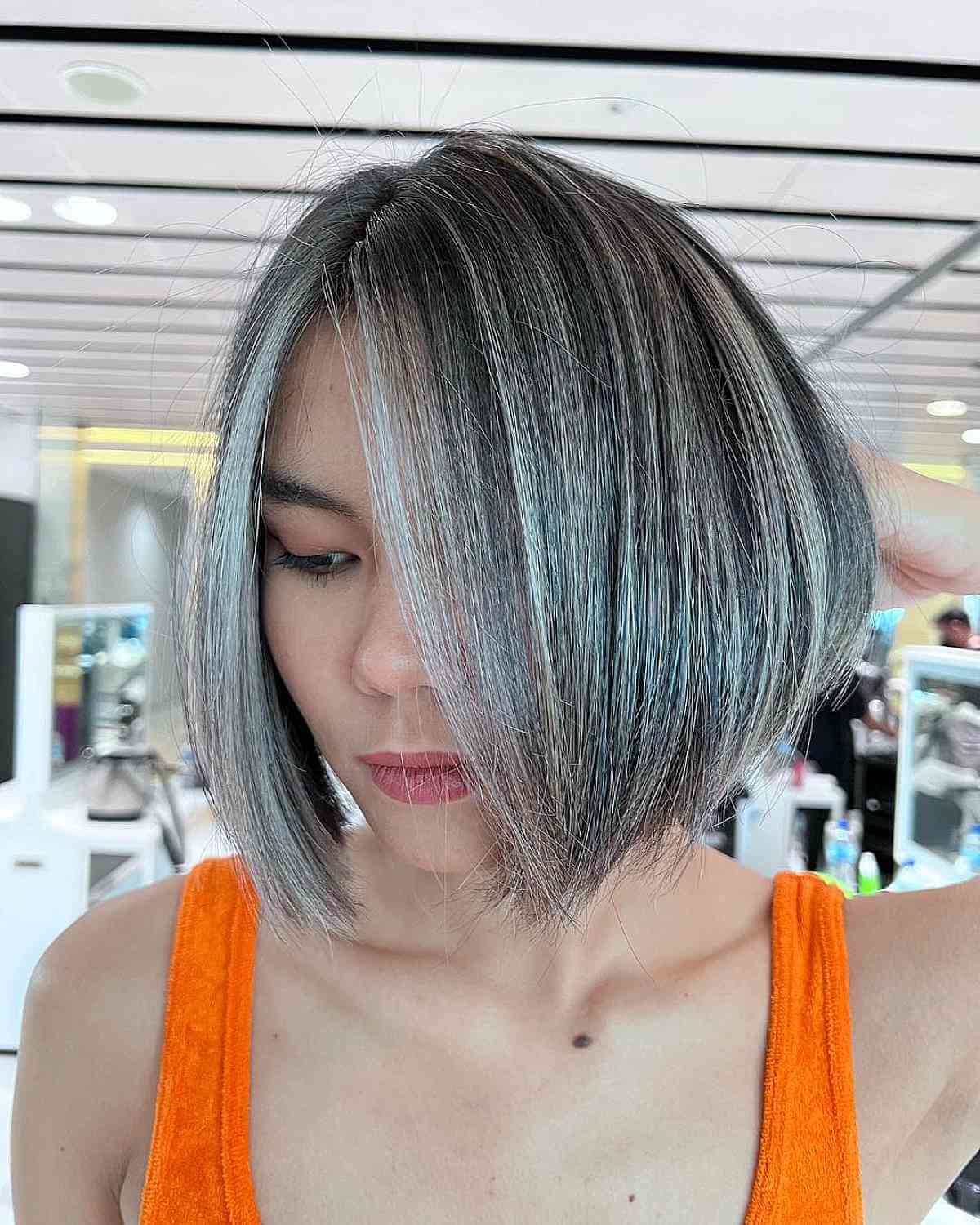 Silver Platinum-Blonde Balayage on Deep Hair