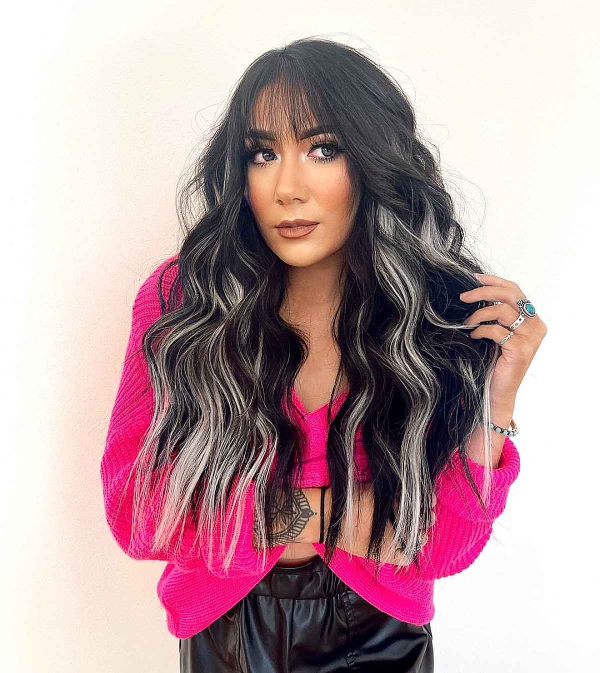 Sleek Blunt Wispy Fringe on Highlighted Long Hair