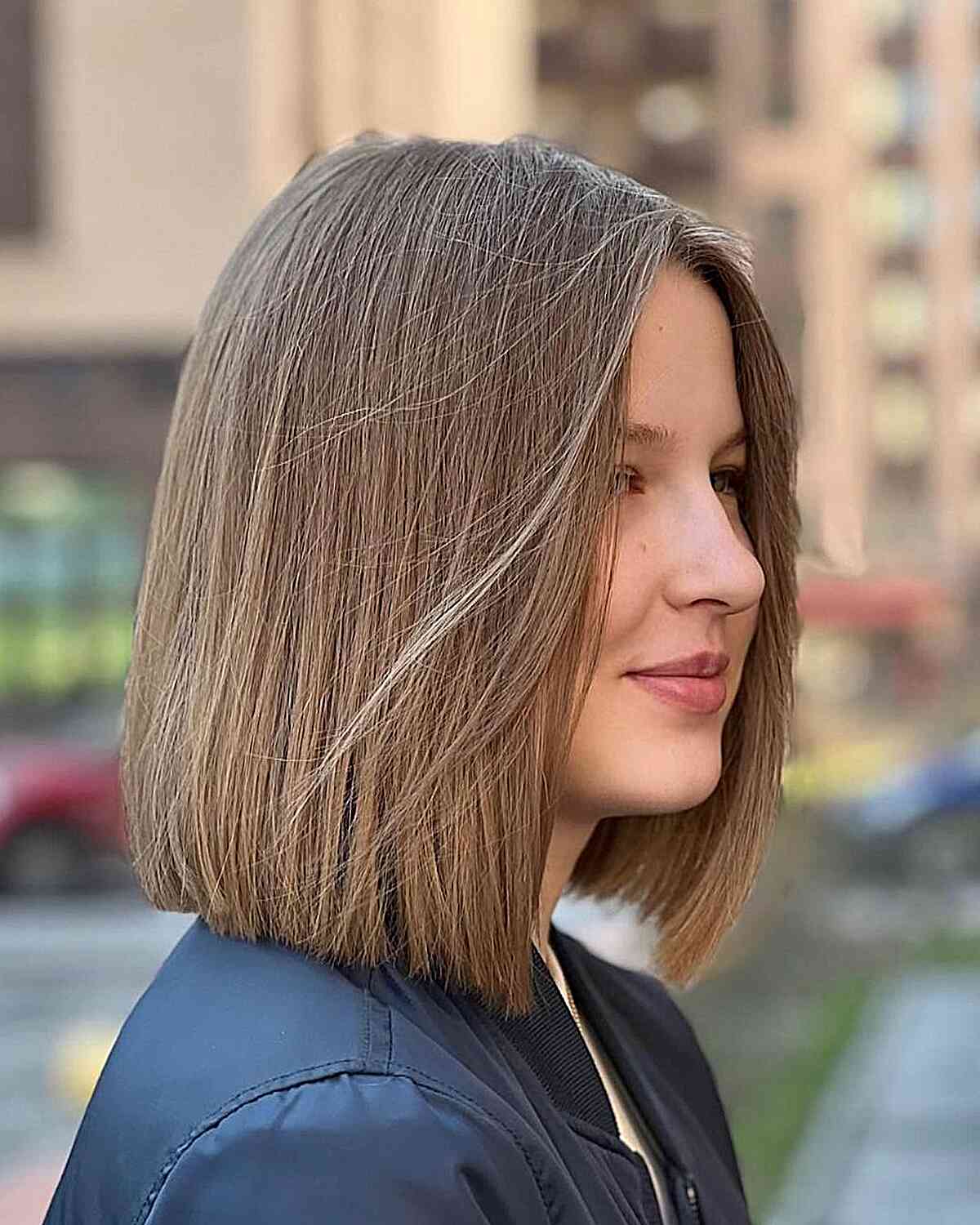 Shoulder-Length Sleek Brown Bob with Blunt Ends