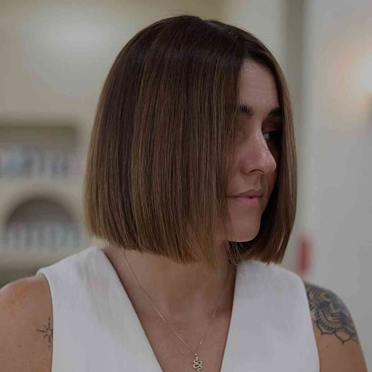 Sleek Blunt Brown Bob for Short Chin-Length Hair with Minimal Upkeep