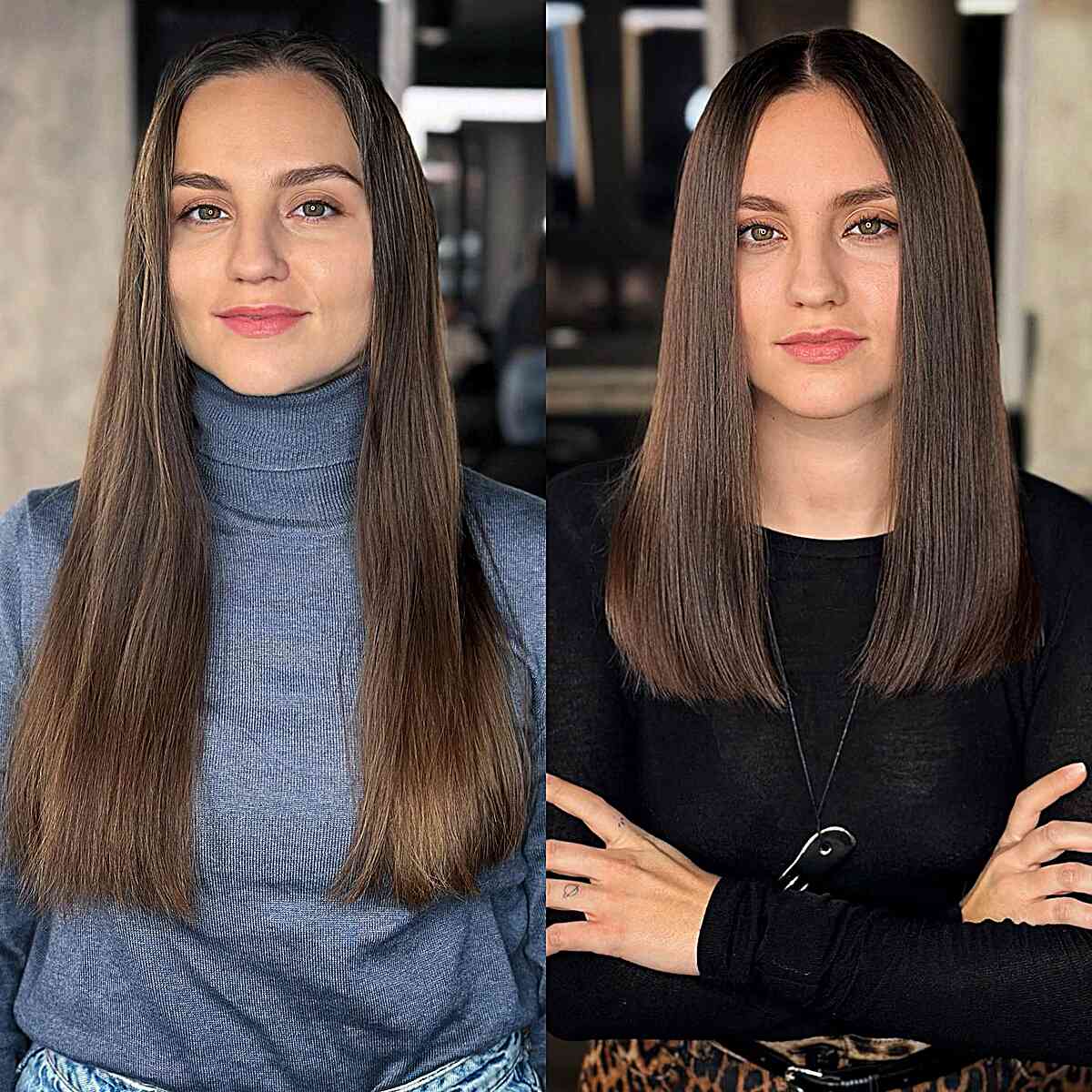 Medium-Length Sleek Brunette Hair with a Central Parting