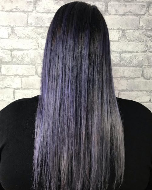Sleek Gray Hair Accentuated with Purple Highlights