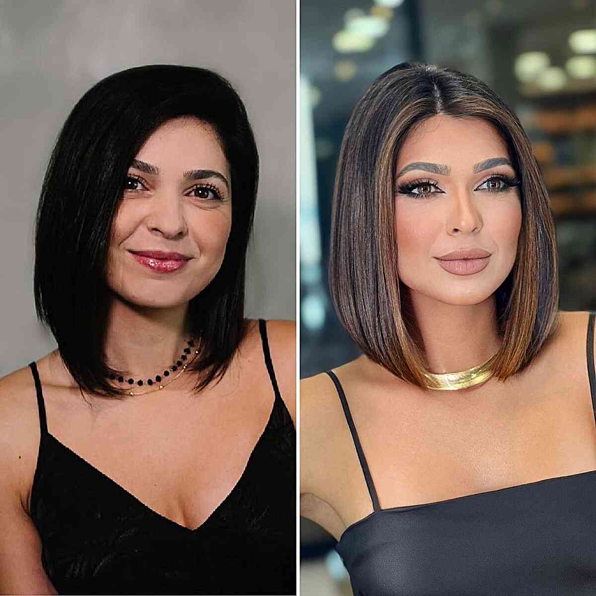 Sleek Lob Featuring Chocolate Balayage for women with thick short hair