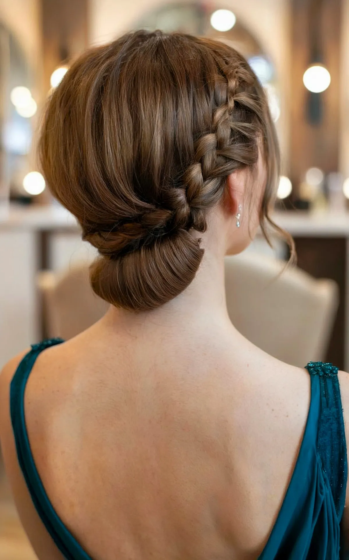 Prom Sleek Low Bun with Side-Braid on a Jaw-Length Bob